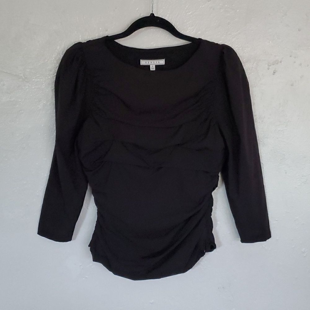 Senlis Black Rouched Shirt with Slightly Puff Sleeves
